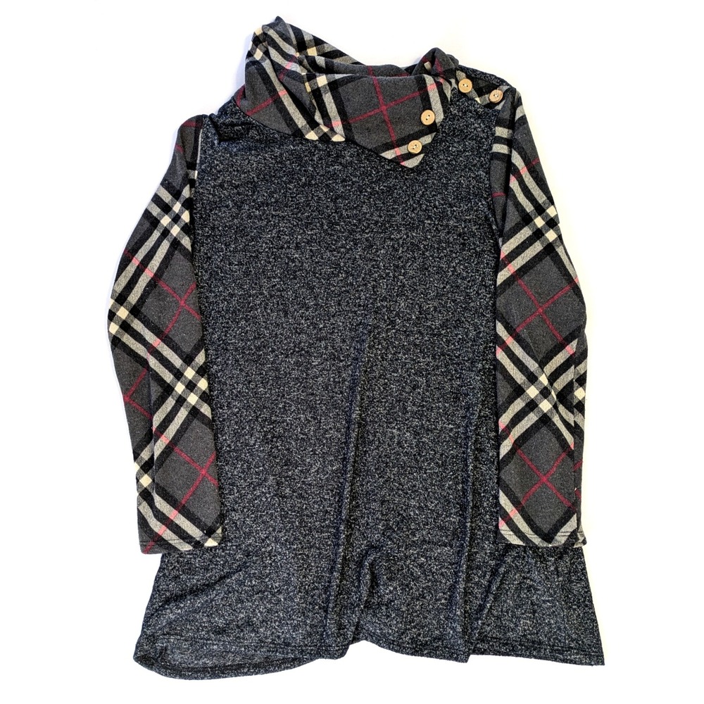 Now N Forever Womens Plaid Mixed Media Cowl Neck Tunic Top Charcoal Gray Medium